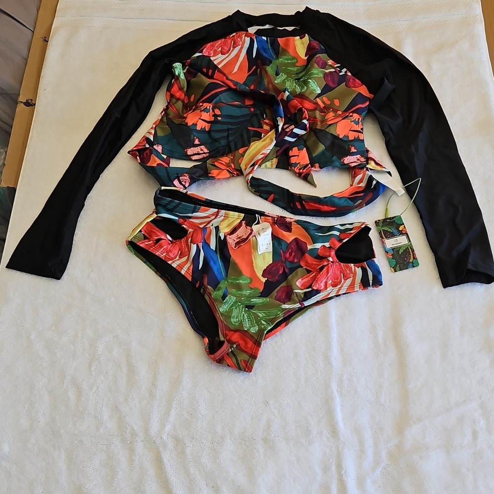 PEDDNEY Women's Multicolor Floral Bikini Set, Swim Shirt, High Waist, Size S